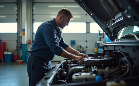 Mecanicien effectuant maintenance sous le capot d'un camion moderne