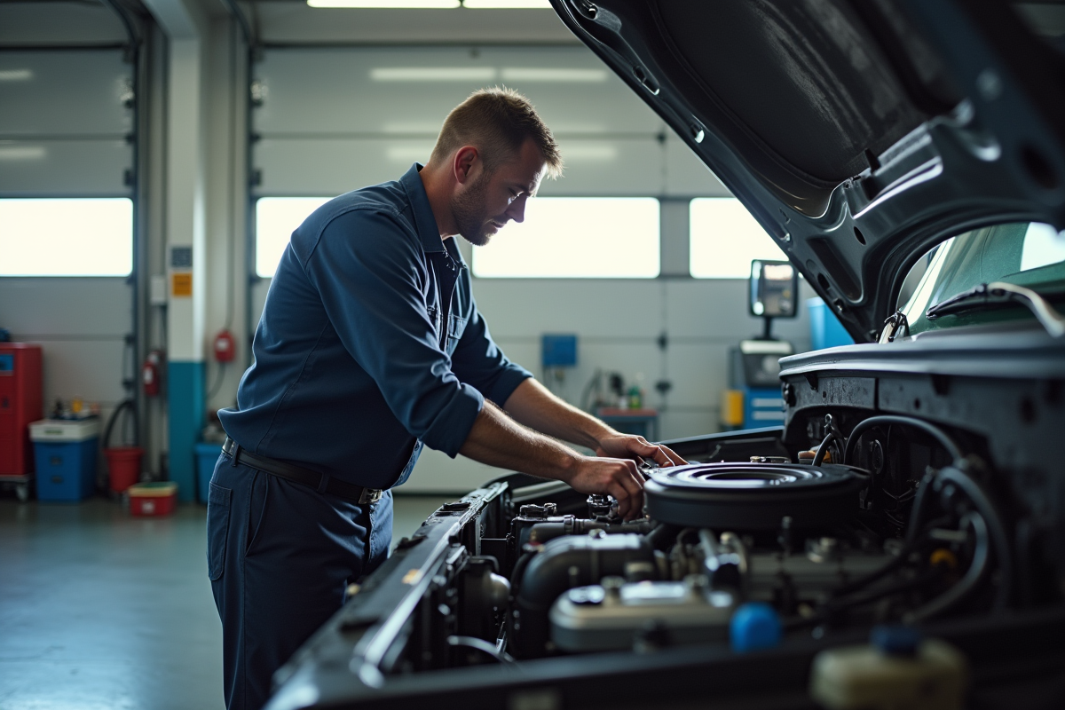 Mecanicien effectuant maintenance sous le capot d'un camion moderne