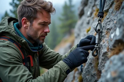 Technicien inspectant un airlinker de suspension mal monté sur une paroi rocheuse en montagne