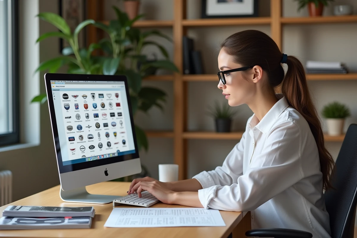 Femme étudiant les logos des marques automobiles sur un bureau avec fiches de référence et ordinateur portable