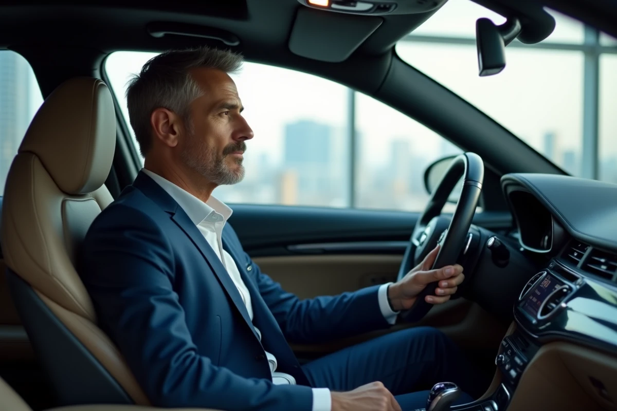 Un cadre en costume dans une voiture en showroom avec vue urbaine