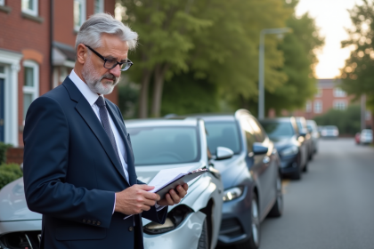 Expert assurance voiture en ville examine documents