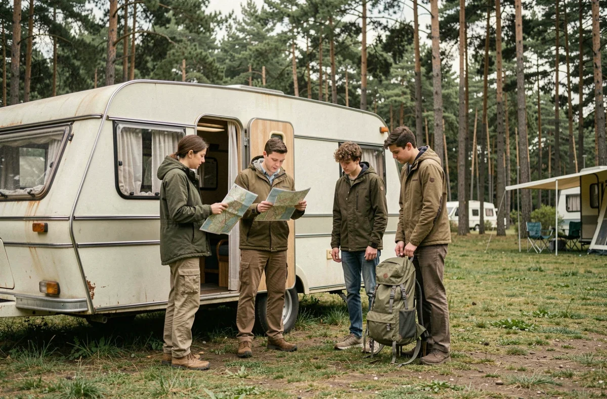 Famille avec caravane d'occasion installée sur un camping en forêt, parents consultant une carte et enfants déchargeant les bagages