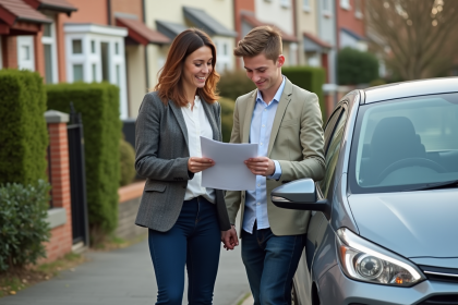 Famille avec voiture vérifiant documents d'assurance