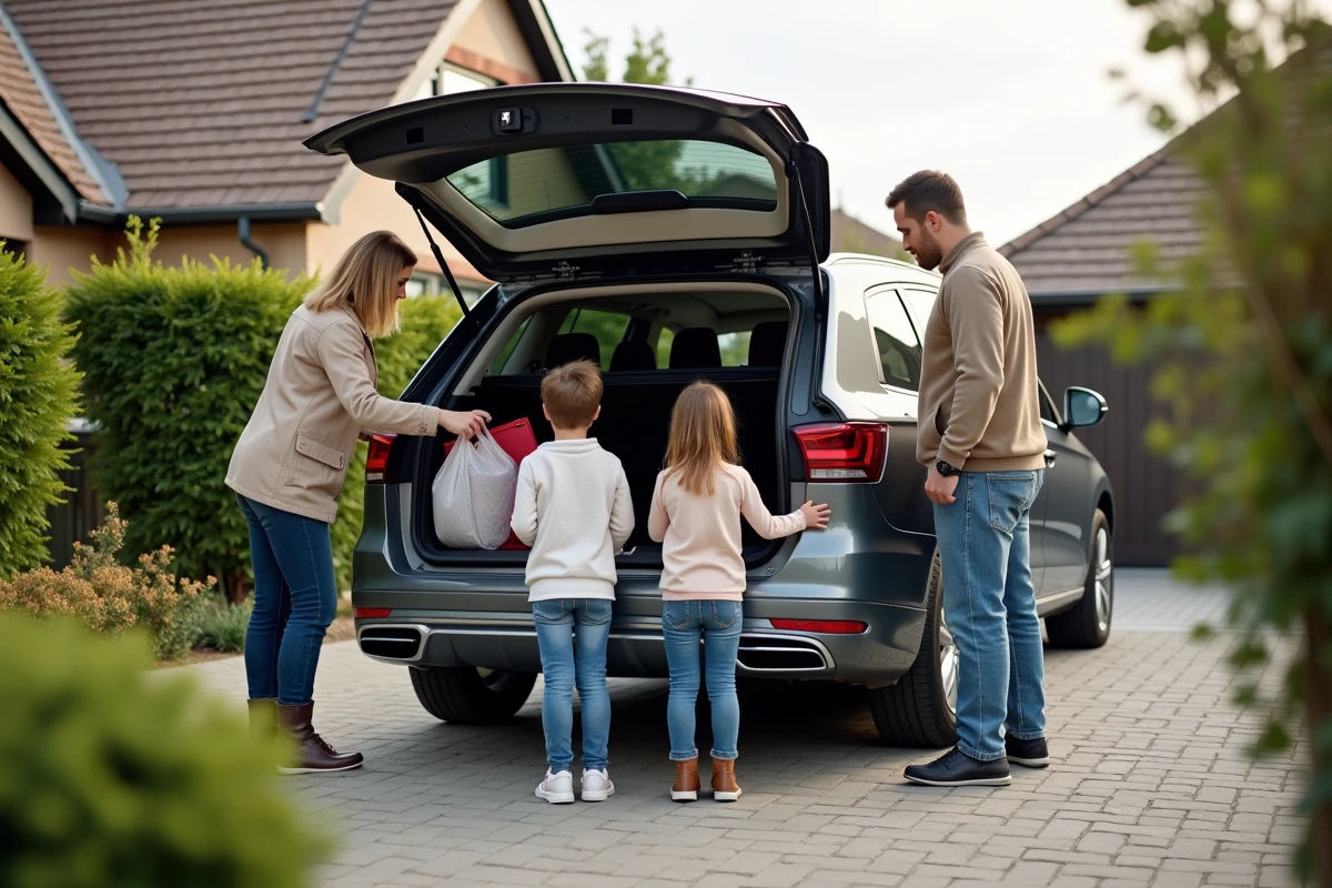 Famille avec voiture sept places dans la cour