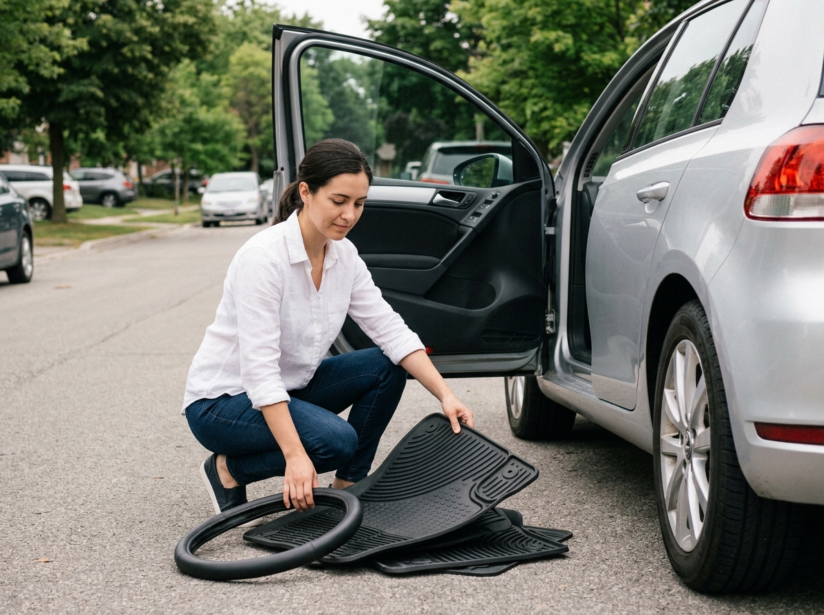 Femme inspectant des accessoires de confort pour Golf 6 devant sa voiture garée dans une rue résidentielle