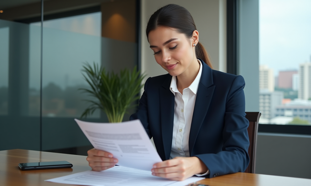 Femme d'affaires examine un contrat de location voiture
