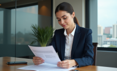 Femme d'affaires examine un contrat de location voiture