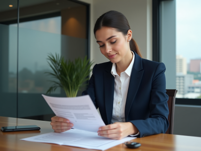 Femme d'affaires examine un contrat de location voiture