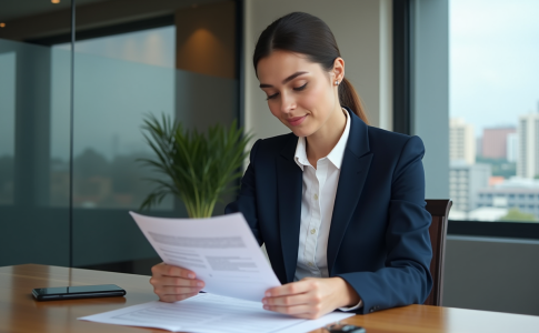 Femme d'affaires examine un contrat de location voiture