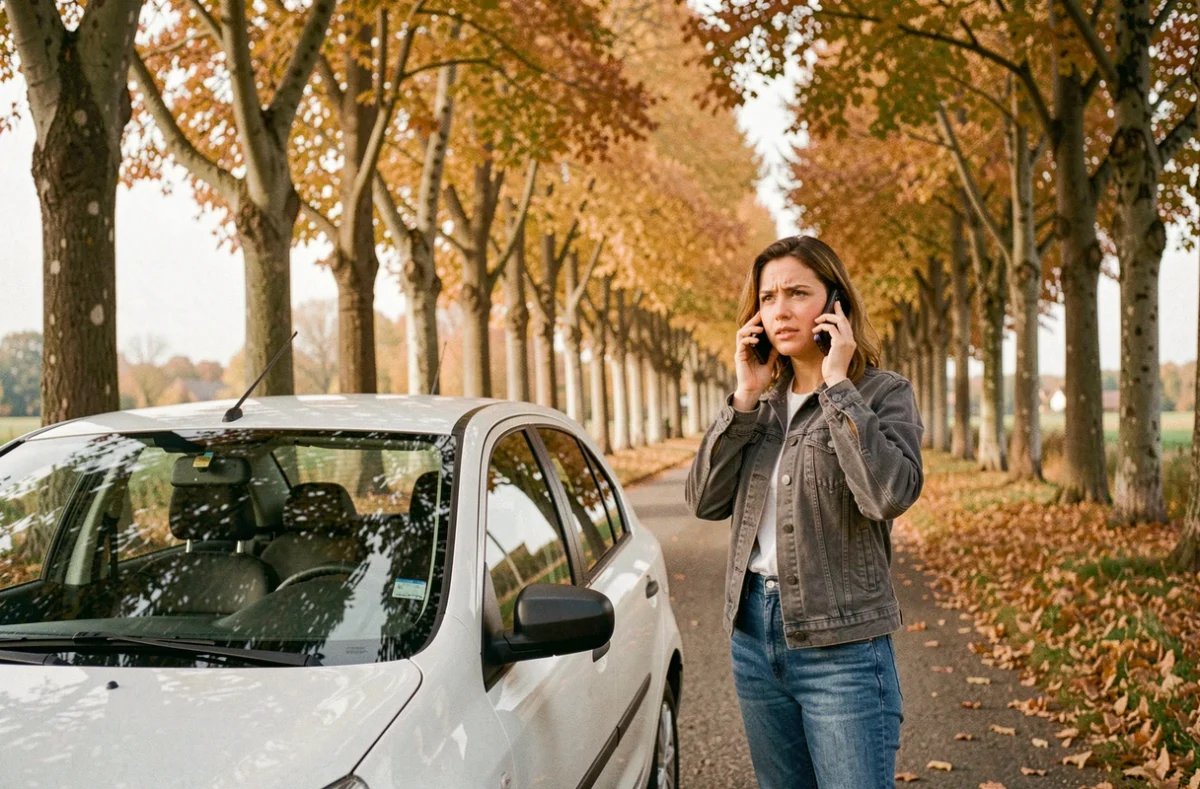 Femme appelant le numéro d'assistance Groupama depuis son téléphone à côté de sa voiture en panne sur une route de campagne
