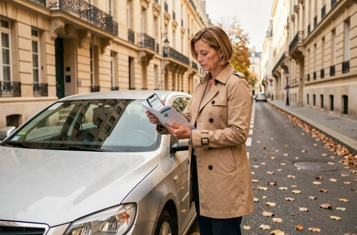 Femme consultant son application d'assurance auto sur smartphone pour accéder aux services inclus dans son contrat
