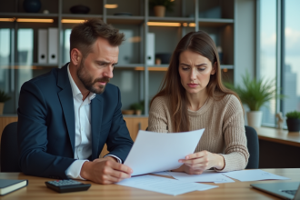 Femme préoccupée avec un agent d'assurance dans un bureau