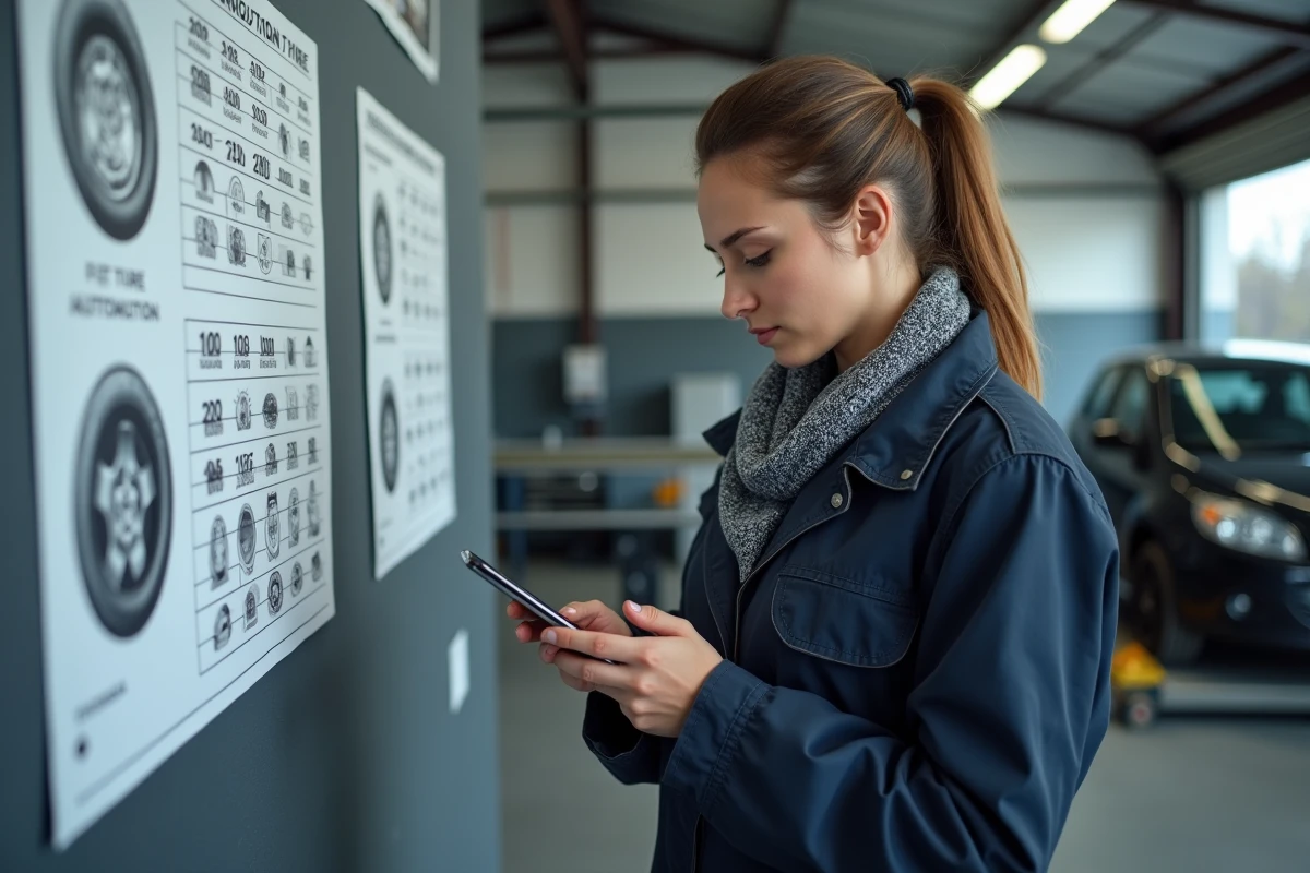 Femme étudiant des diagrammes de pneus dans un atelier