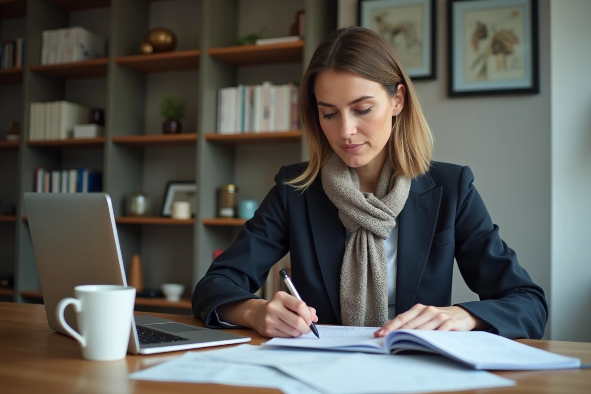 Femme au bureau calculant coûts de maintenance