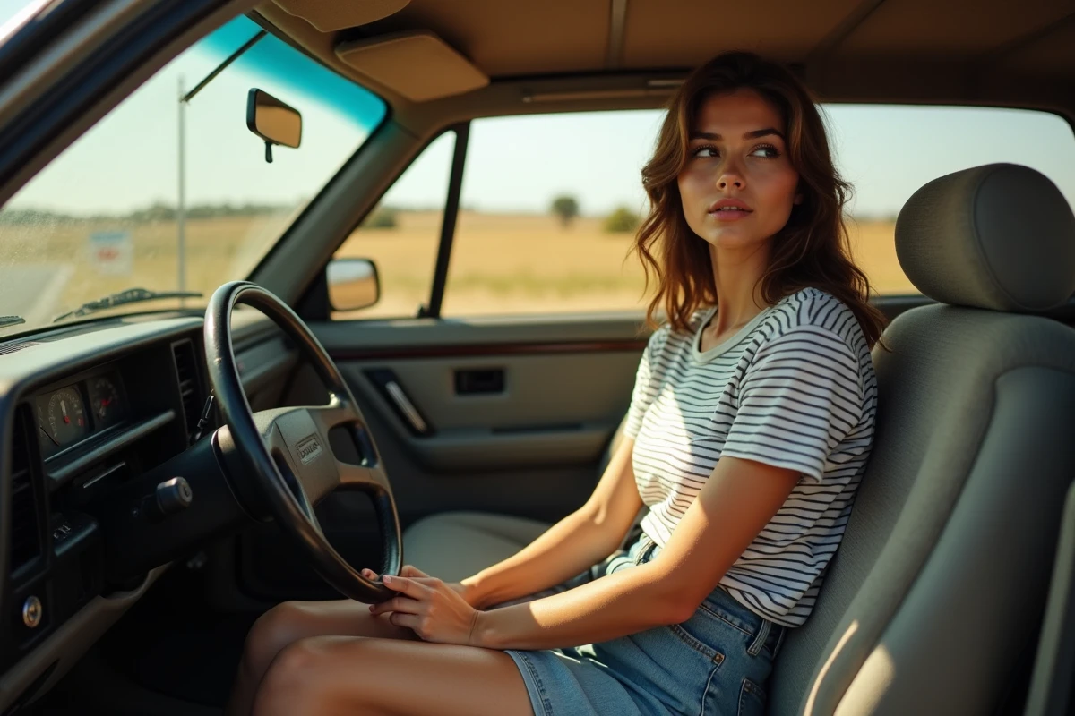 Femme dans une voiture ancienne en campagne en été