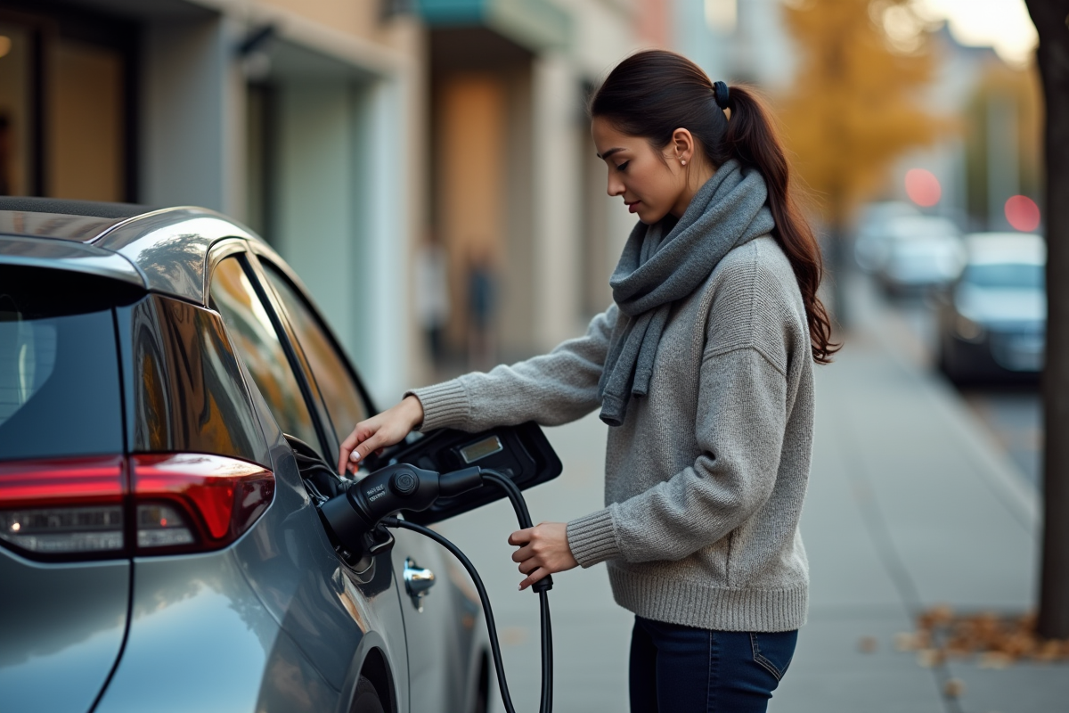 Femme chargeant voiture électrique en ville