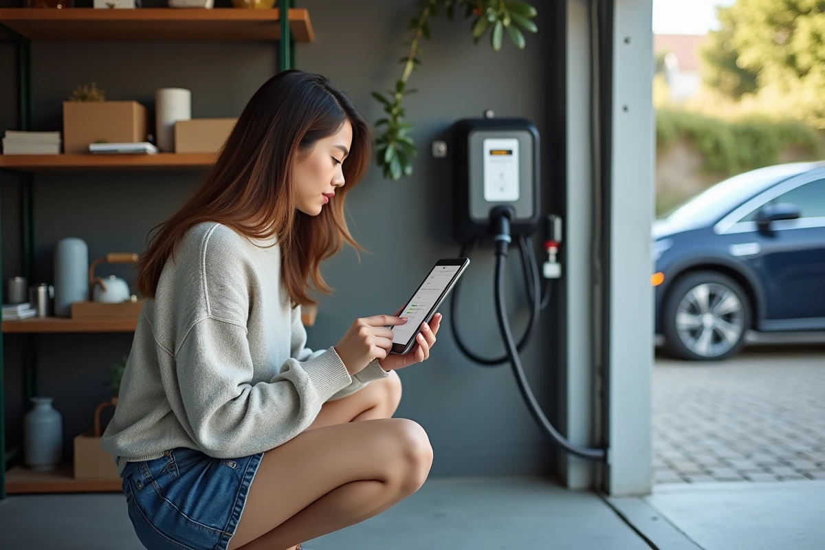 Jeune femme utilisant une station de recharge EV dans un garage