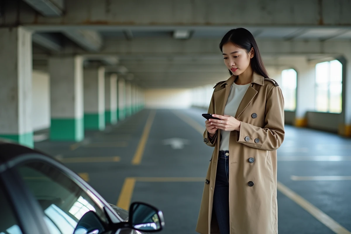 Femme debout à côté d'une compacte asiatique dans un parking urbain moderne