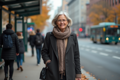 Femme confiante montant dans un bus en automne