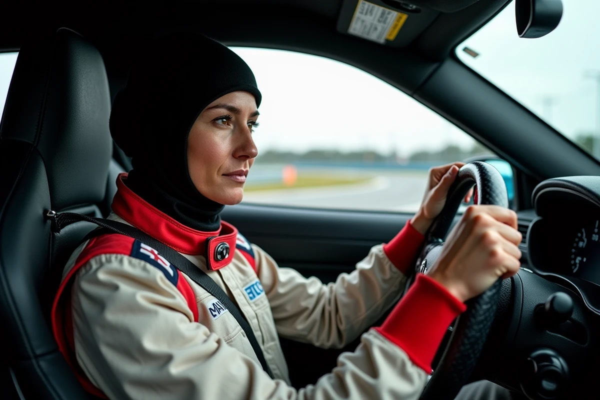 Femme en combinaison de course tenant le volant dans la voiture de sport