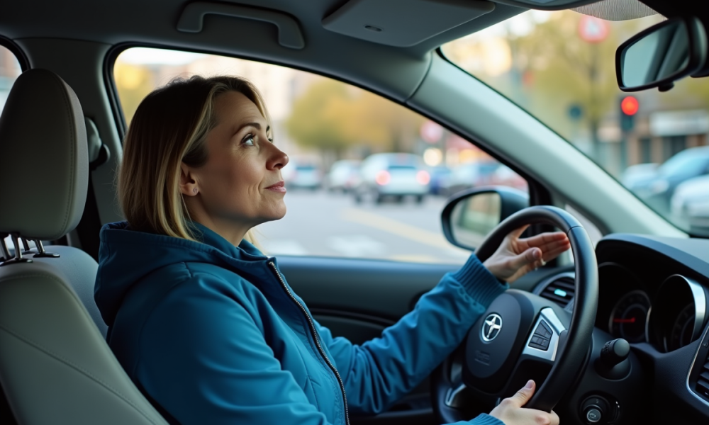 Femme en bleu au volant d'une voiture en ville