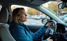 Femme en bleu au volant d'une voiture en ville