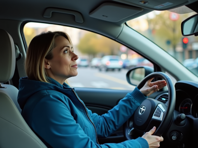 Femme en bleu au volant d'une voiture en ville