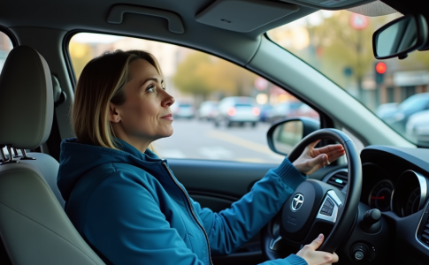 Femme en bleu au volant d'une voiture en ville