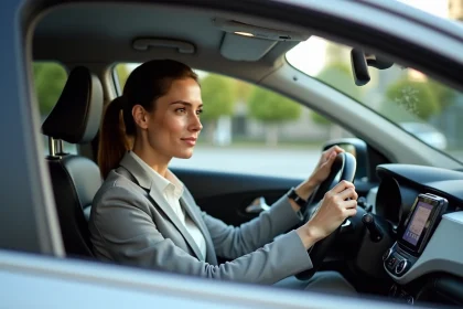 Femme en costume dans une voiture moderne en ville