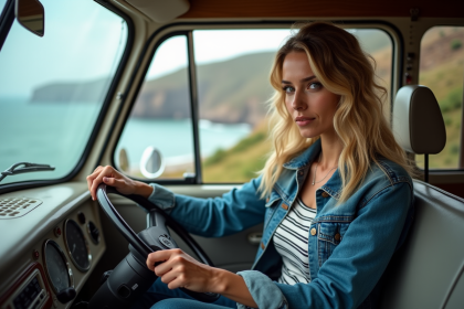 Femme en denim conduisant un van sur la côte