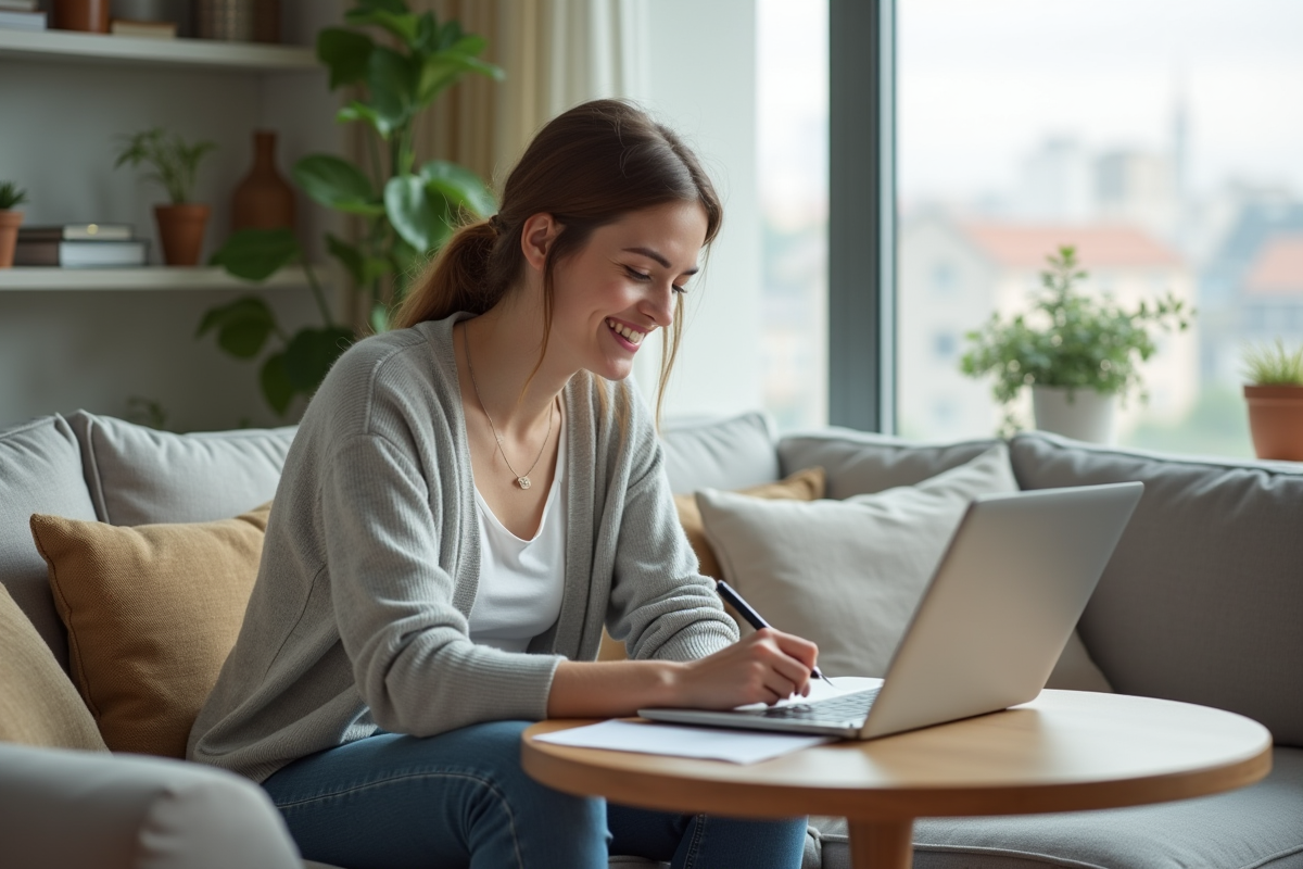 Jeune femme détendue utilisant un ordinateur à la maison