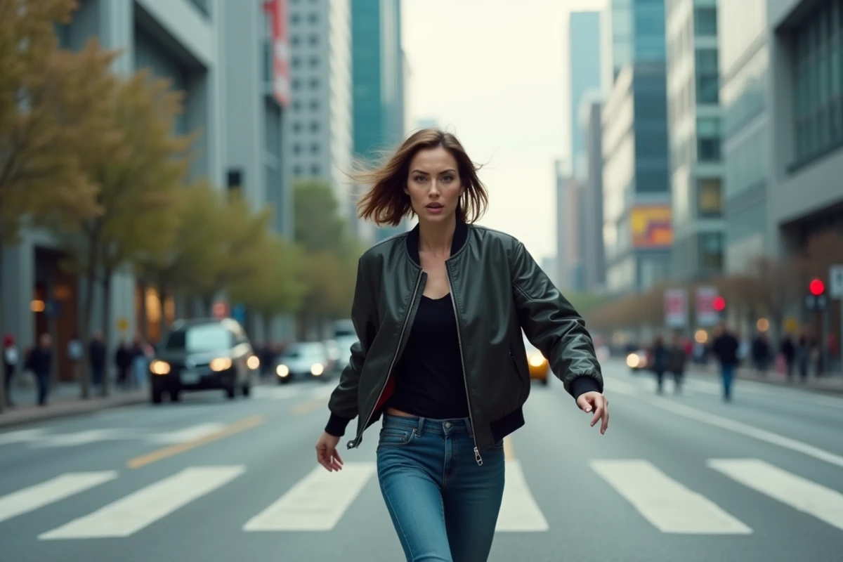 Femme qui traverse une avenue urbaine en mouvement