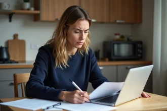 Femme consultant des documents d'assurance auto à la maison pour changer de contrat suite à une hausse de tarif injustifiée