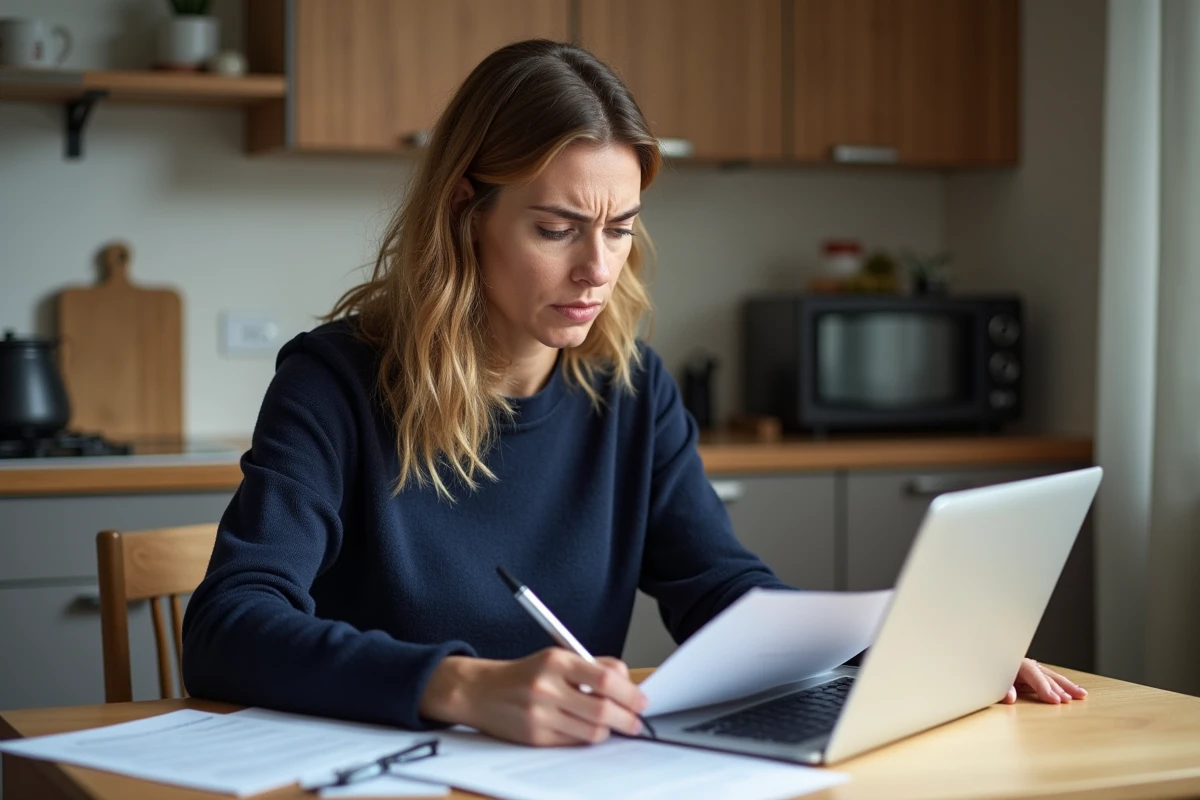 Femme consultant des documents d'assurance auto à la maison pour changer de contrat suite à une hausse de tarif injustifiée
