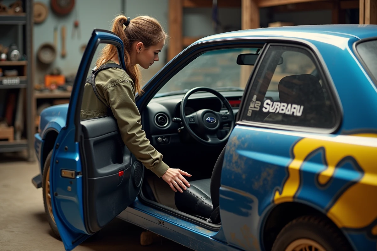 Jeune femme examinant l’intérieur d’une voiture de rallye Subaru
