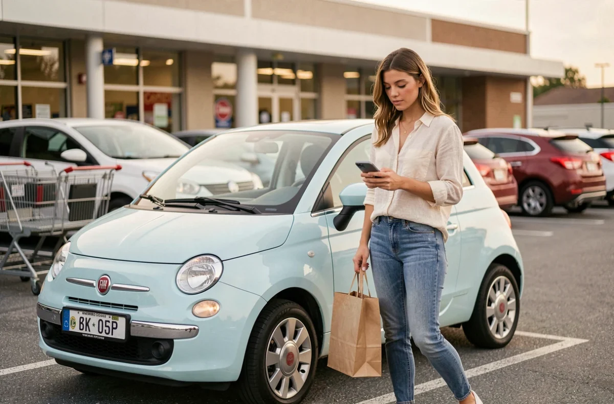 Jeune femme à côté d'une Fiat Topolino bleue dans un parking de supermarché, représentant le coût mensuel d'usage d'un véhicule électrique