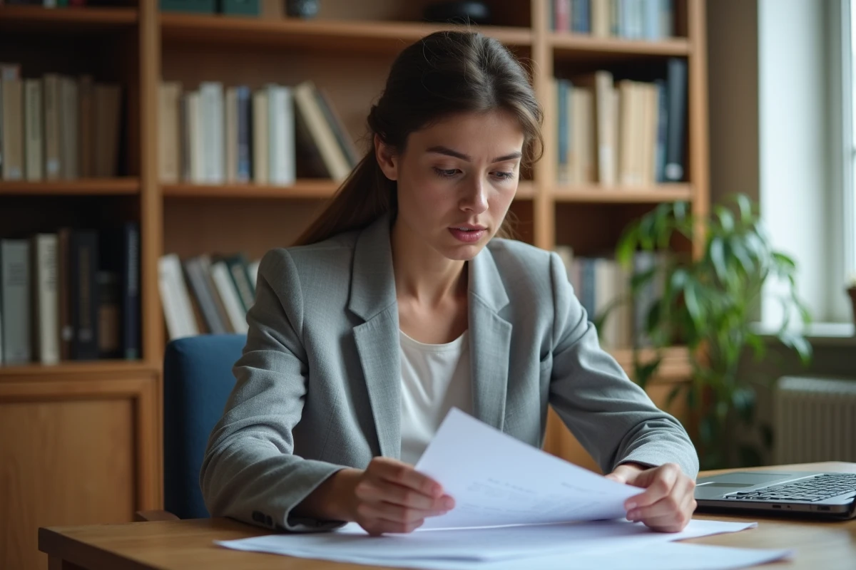Femme examinant attentivement un avis de contravention de 5ème classe reçu par courrier officiel