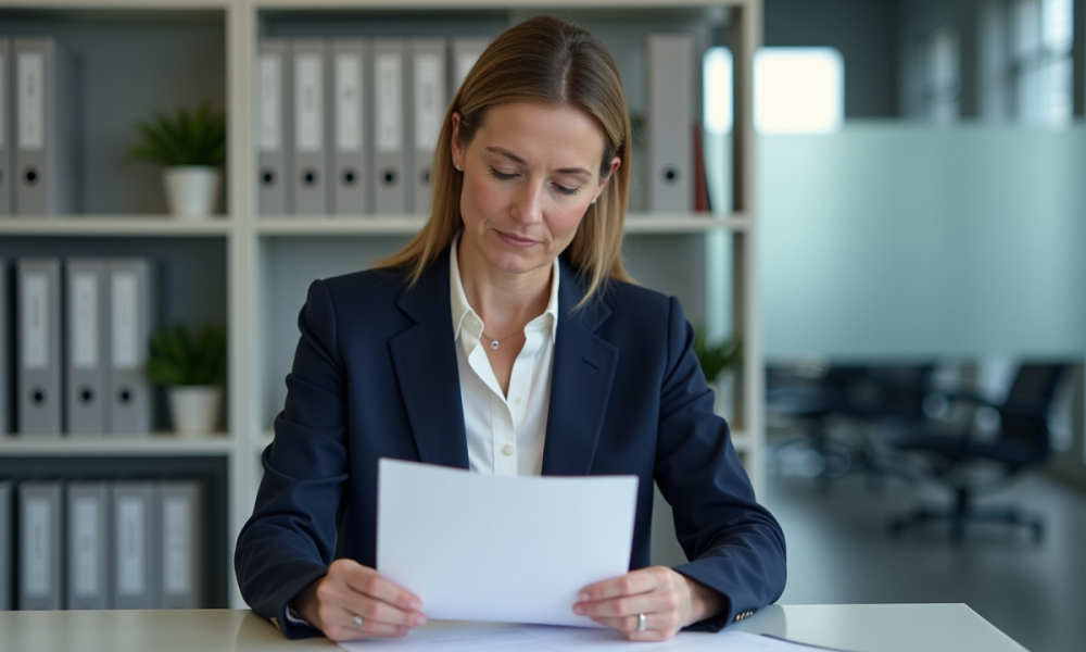 Femme en blazer bleu examinant des papiers pour permis de conduire