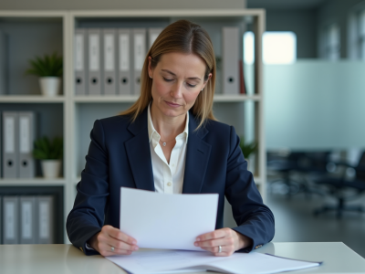 Femme en blazer bleu examinant des papiers pour permis de conduire