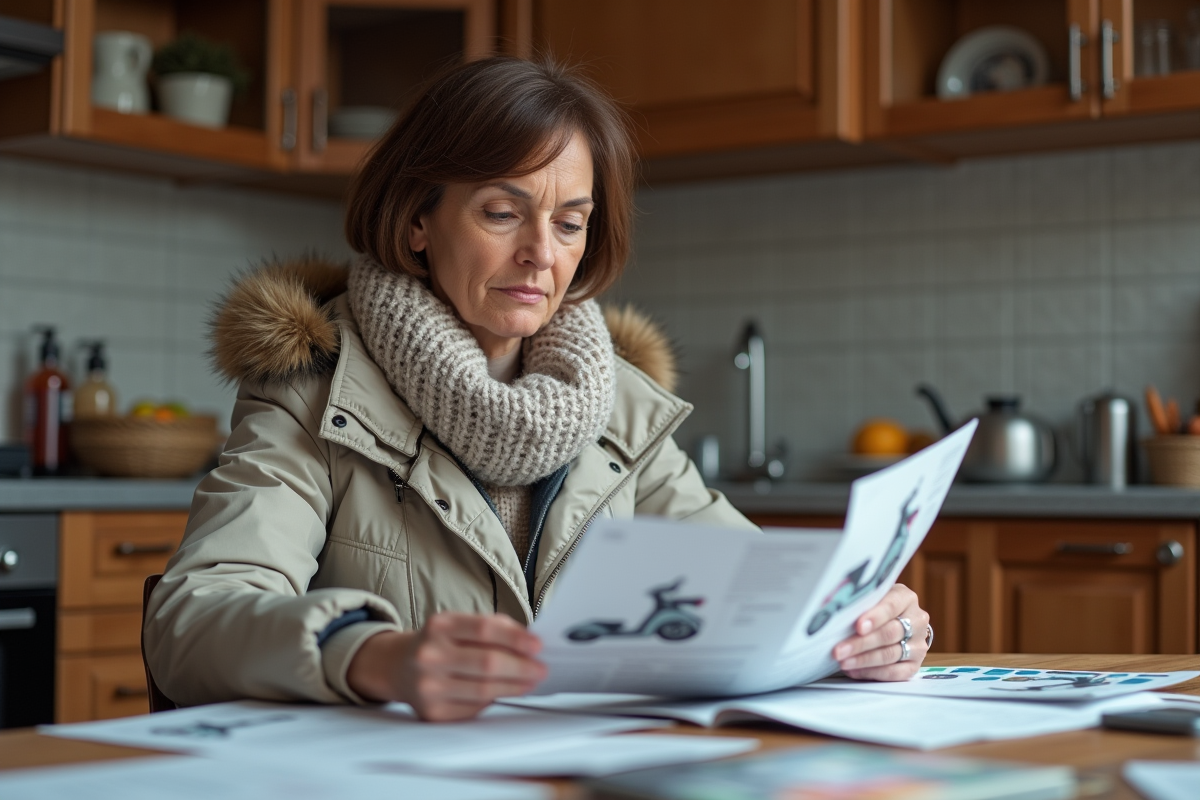 Femme lit des brochures de scooters dans sa cuisine