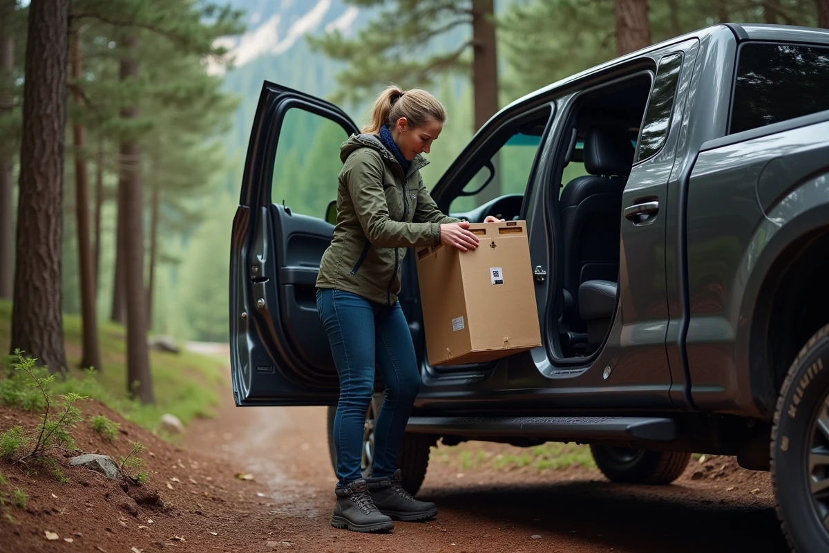 Femme chargeant équipement dans un pickup en forêt