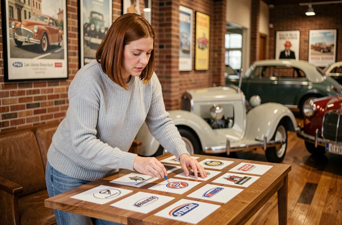 Femme comparant des cartes de logos automobiles dans une salle d'exposition vintage