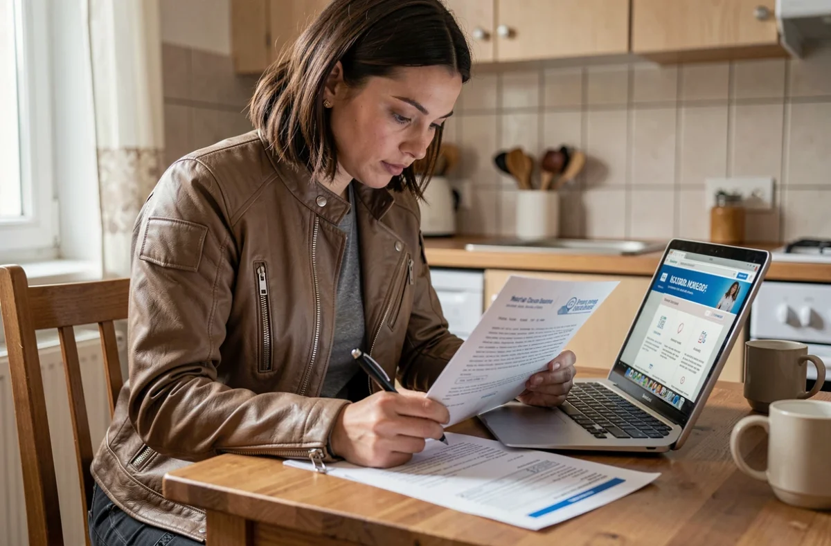 Femme motarde malussée comparant des devis d'assurance moto sur ordinateur portable à la maison