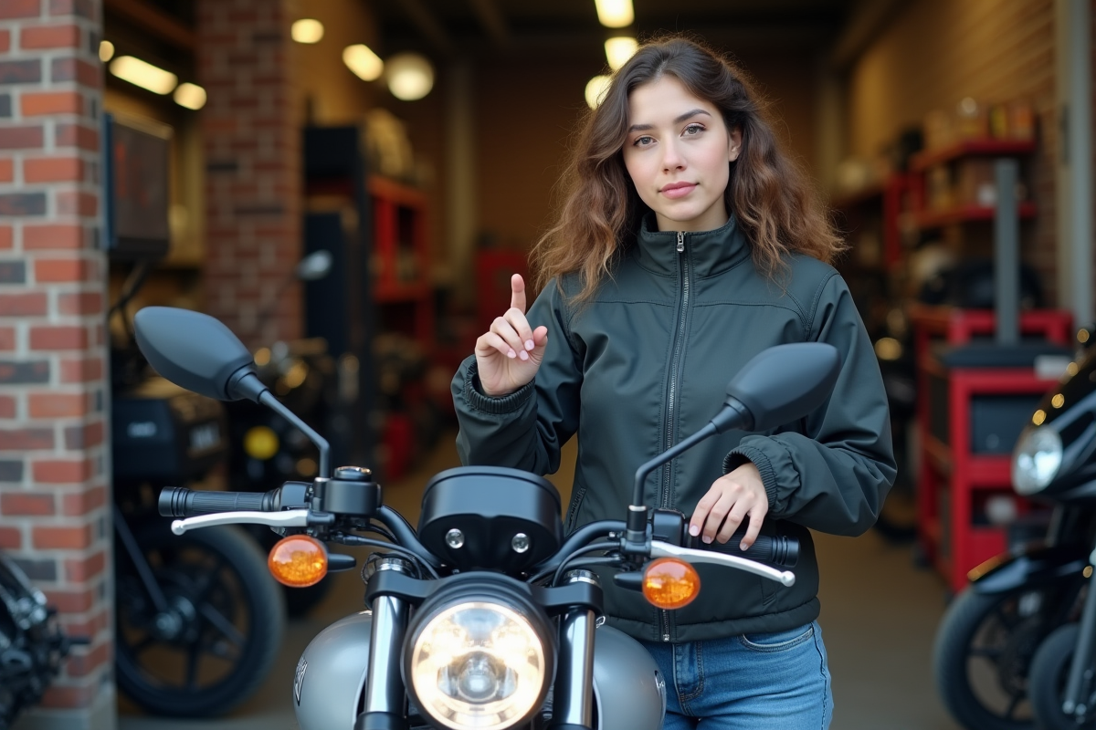 Jeune femme montrant un GPS sur une moto en atelier urbain
