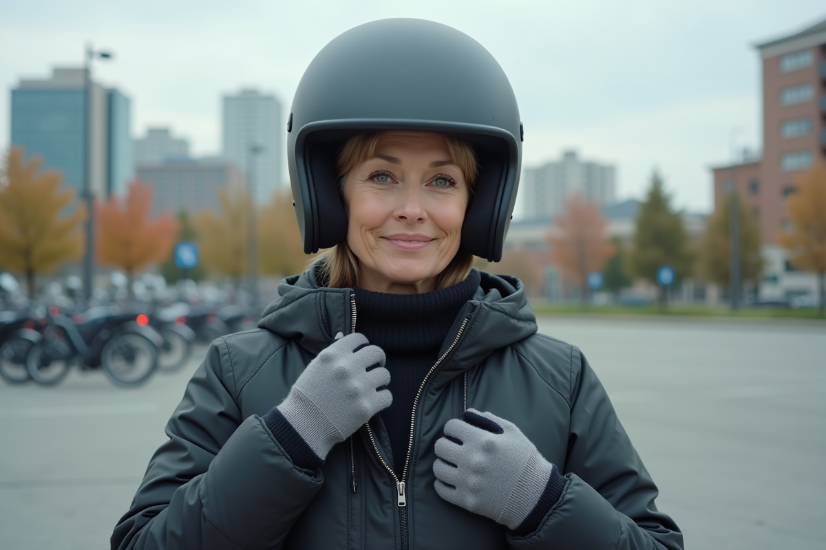 Femme en urban avec casque et veste moto en parking
