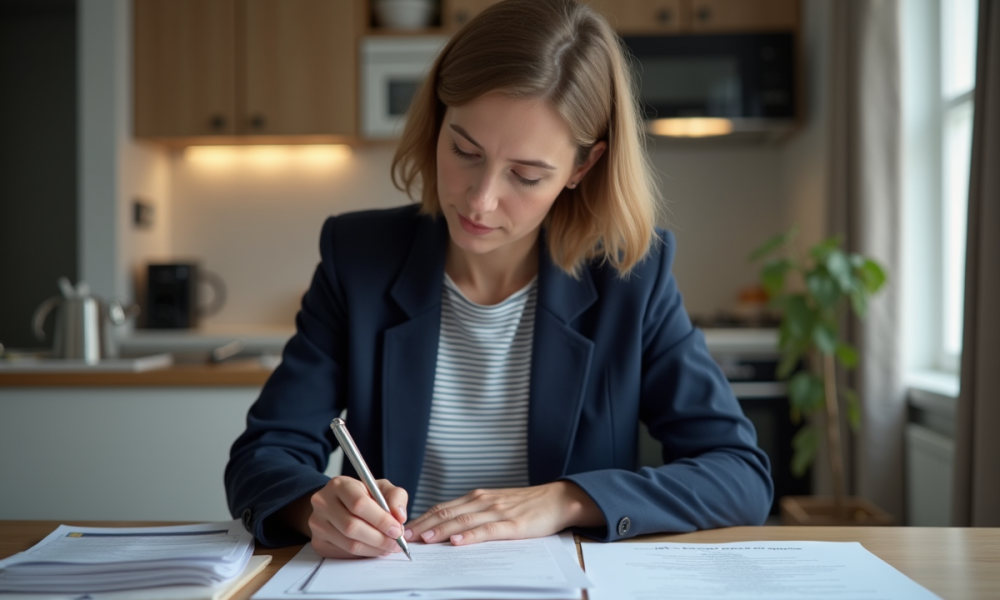 Femme en blazer bleu remplissant des papiers à la maison