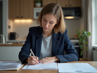 Femme en blazer bleu remplissant des papiers à la maison