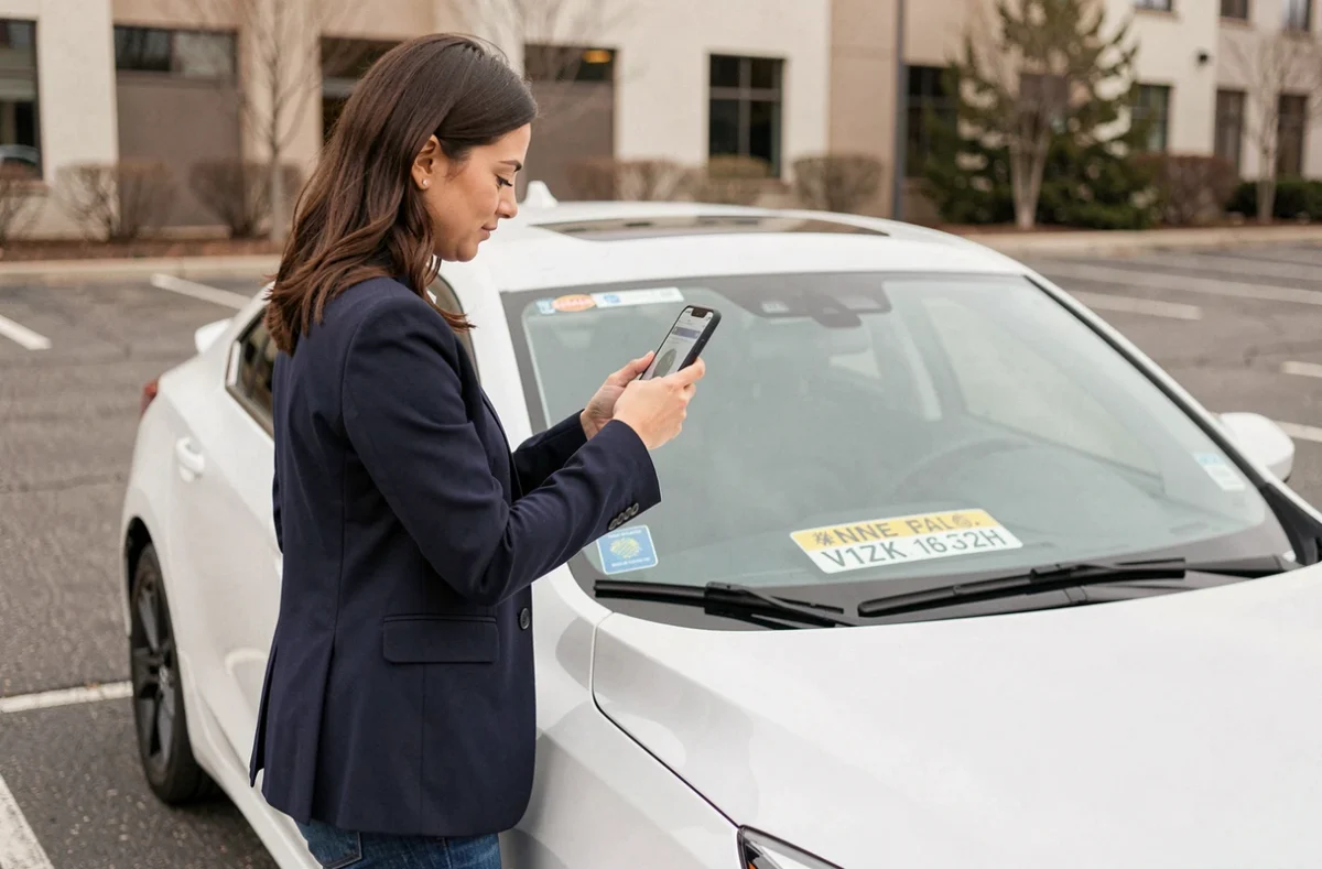 Femme photographiant le numéro VIN d'une voiture blanche à travers le pare-brise dans un parking urbain