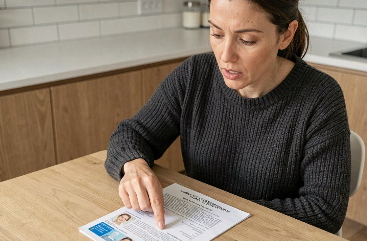 Femme pointant le numéro de formule sur sa carte d'identité posée sur une table de cuisine